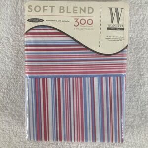 Wamsutta 300 Thread Count‎ 2 Pillowcases Queen Stripe Red Blue NOS Spring 2007